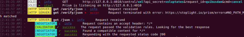 output of prism running, showing the server starting up and some requests coming in
