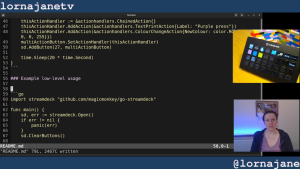 screenshare of code, with both lorna and her streamdeck in different webcams on the right hand side