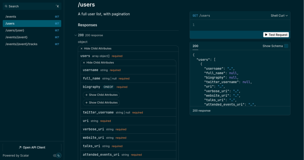 screenshot of scalar-rendered API documentation using solarized dark mode